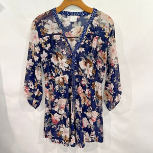 Womens Babydoll Top XL Floral V Neck Button Up Stretch Roll Tab Tunic Semi Sheer